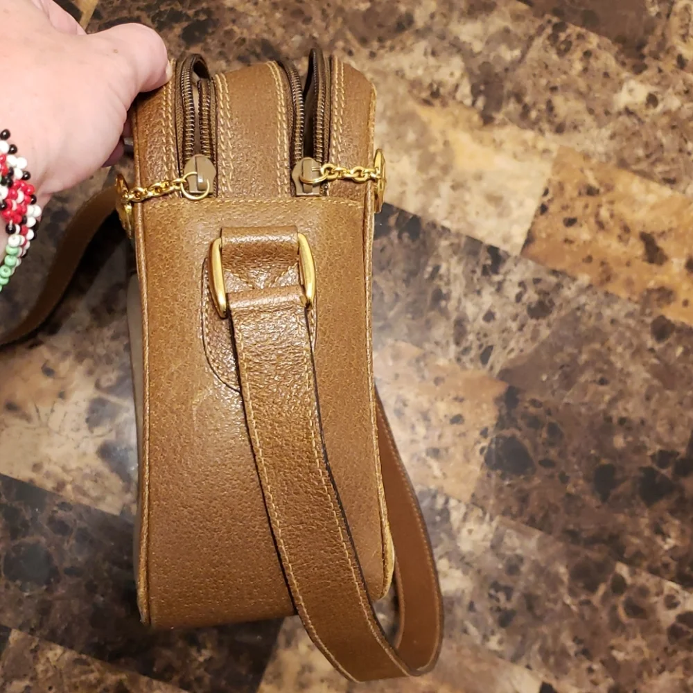 Vintage Gucci GG Diagonal Monogram Canvas Camera Bag with Leather Trim and Strap